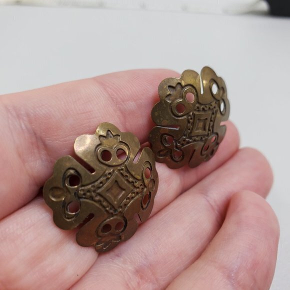 Bronze Tone Earrings Boho Tribal Swirl Holes Pierc - Picture 4 of 8